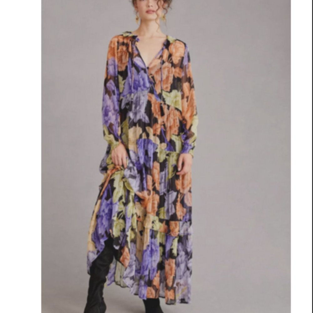 Anthropologie 2X NWT The Marais Printed Chiffon Maxi Dress Purple Floral New - Picture 6 of 9